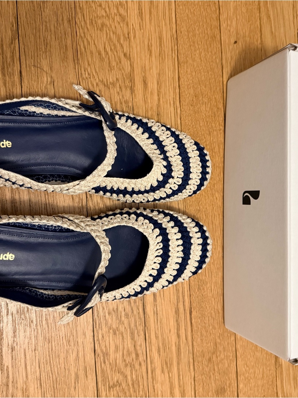 Larroude Navy and Cream Crocheted Mary Jane Flats